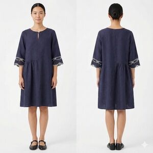 VALIA Made in Australia Navy 100% Linen Dress White Crochet Trim Sz L